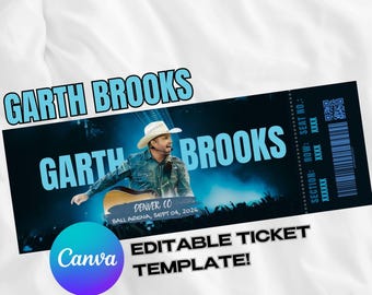 Garth Brooks Blame It All On My Roots Arena Tour 2026 Modello di biglietto per concerto modificabile e personalizzabile, Canva, tour country negli Stati Uniti