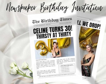 Vintage Newspaper Birthday Invitation Template (Canva Editable)