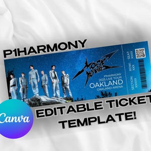 以下が含まれることがあります： オークランドで開催されるP1Harmony 2025 Live Tourの青いチケットテンプレート。チケットには星空の背景、バンドメンバー、テキスト「EDITABLE TICKET TEMPLATE！」が描かれています。 Canvaのロゴは左下にあります。