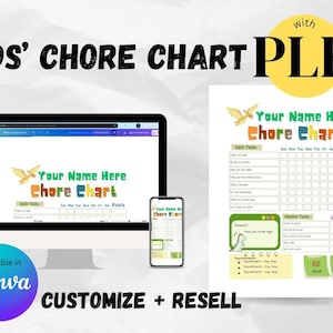May include: A digital chore chart template for kids, displayed on a computer, phone, and printed page. The chart features customizable sections for daily and weekly tasks, with space for points and rewards. The design includes the text "KIDS' CHORE CHART PLR" and "CUSTOMIZE + RESELL".