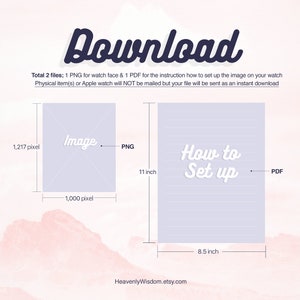 May include: Digital download graphic with the word "Download" in navy blue script. The image includes a PNG file for a watch face and a PDF with setup instructions. The PNG is 1,000 pixels wide and 1,217 pixels high. The PDF is 8.5 inches wide and 11 inches high.