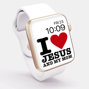 May include: White Apple Watch with a gold band and a white face. The face displays the time 10:09, the day FRI 23, and the text "I ♥ JESUS AND MY MOM".