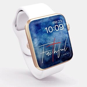 May include: A white Apple Watch with a blue and white watercolor watch face that says "Faithful" with a red cross and the scripture "1 Cor 4:2". The time is 10:09 and the date is Fri 23.