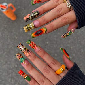 Tropical Jungle Press On Nails | Papaya Tiger Floral Design | Handmade Statement Nail Set