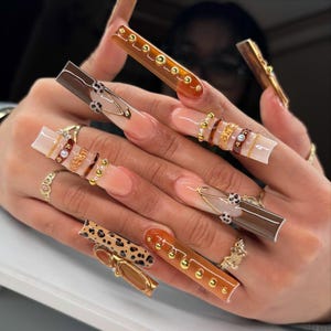 Brown Jelly Studded Press On Nails | Leopard Accent Safety Pin Design | Long Square Statement Manicure