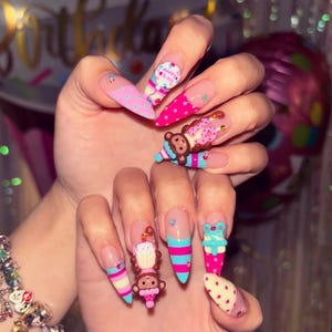 Birthday Monkey Press On Nails | Kawaii Cupcake Nail Art | Colorful 3D Statement Set