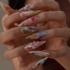 Cherry Blossom Press On Nails | Iridescent Floral Design | Handmade Long Stiletto Nail Set