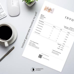 May include: A blank invoice template with the word "Invoice" in the top right corner. The template includes fields for the bill to, client name, address, description, price, quantity, subtotal, tax, and total. The template also includes a section for payment information.