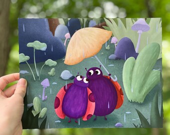 May include: Two purple ladybugs with red spots stand under a yellow umbrella in a green forest. It is raining and there are mushrooms growing in the forest.