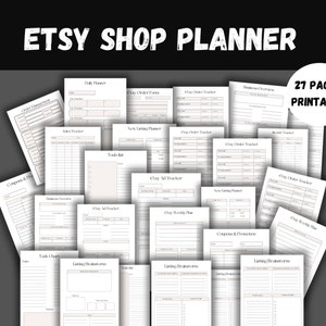 May include: A printable Etsy shop planner with 27 pages, featuring worksheets for daily planning, order tracking, sales tracking, income tracking, listing brainstorming, and more.