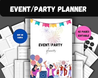 Könnte beinhalten: Ein druckbarer Eventplaner mit 42 Seiten, mit einem farbenfrohen Cover mit Feuerwerk und Partyleuten. Der Text "EVENT/PARTY planner" steht auf dem Cover. Der Planer enthält Seiten für Sitzpläne, Gästeliste, Grundrisse und mehr.