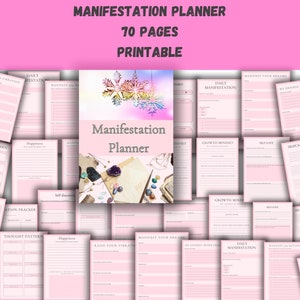 Może przedstawiać: Drukowany planer manifestacji z 70 stronami. Planer ma różowe tło z białym tekstem i zawiera strony do codziennej manifestacji, wzorców myślowych, szczęścia, samorozwoju, mentalności wzrostu, miłości do siebie i list kontrolnych samoopieki. Planer zawiera również stronę tablicy wizji.