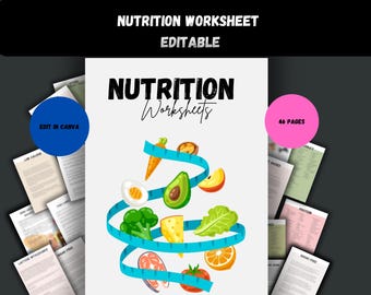 Könnte beinhalten: Eine bunte Illustration verschiedener gesunder Lebensmittel, darunter eine Avocado, eine Karotte, eine Tomate, eine Orange, Brokkoli, ein Ei, Käse und Fisch, die in einer Spirale um ein blaues Maßband angeordnet sind. Der Text "NUTRITION Worksheets" befindet sich oben im Bild, und "46 PAGES" steht in einem rosa Kasten oben rechts.