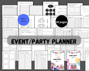 Könnte beinhalten: Ein schwarz-weißer druckbarer Eventplaner mit 42 Seiten. Der Planer enthält Seiten für einen Grundriss, einen Sitzplan, ein Menü, eine Checkliste für Artikel, eingeladene Gäste, eine Event-Checkliste, Party-Ideen und einen Event-Überblick. Der Planer enthält auch zwei Cover mit bunten Illustrationen von Menschen, die feiern.