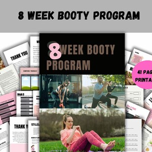 Puede incluir: Una guía de programa de glúteos de 8 semanas imprimible con 41 páginas. La portada presenta un diseño rosa y negro con el texto "8 Week Booty Program". La guía incluye rutinas de entrenamiento, consejos de nutrición y rastreadores de progreso.