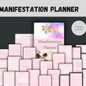 Może przedstawiać: Drukowany planer manifestacji z 70 stronami, w różowo-białym schemacie kolorystycznym. Planer zawiera sekcje do ustalania celów, codziennej manifestacji, śledzenia wzorców myślenia i nie tylko.