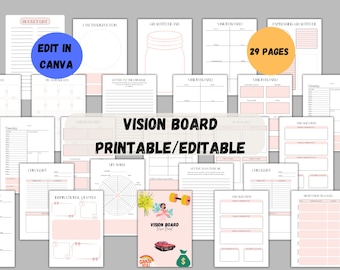 May include: A printable and editable vision board planner with 29 pages. The pages are designed with pink and white accents and include sections for goal setting, affirmations, and inspirational quotes. The text "VISION BOARD PRINTABLE/EDITABLE" is displayed in a large font.