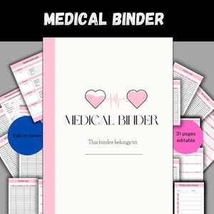 Op de afbeelding: Een roze en witte medische map met een hartslaggrafiek en de tekst "MEDICAL BINDER". De map heeft 31 bewerkbare pagina's en bevat secties voor medicatie-informatie, afspraken en wekelijkse gezondheidsschema's.