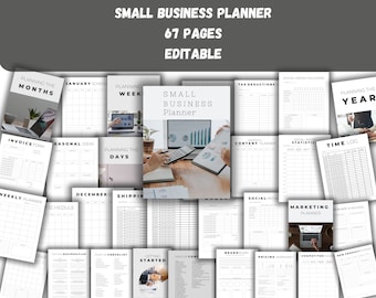 May include: A collage of 67 printable pages for a small business planner. The pages are black and white and include sections for planning the months, weeks, and days, as well as for tracking finances, marketing, and social media. The planner is editable and includes a checklist for getting started.