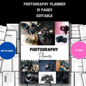 May include: A digital planner for photographers with 51 editable pages. The cover features a collage of camera lenses and bodies. The text "PHOTOGRAPHY PLANNER" and "51 PAGES" is visible on the cover.