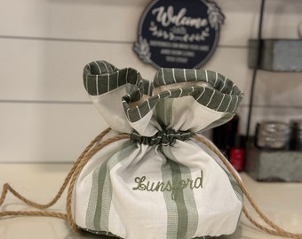 Sage green and white stripe bread bag