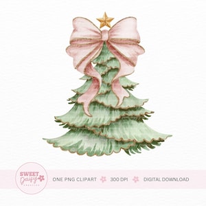 Rosa Schleife Weihnachtsbaum Clipart, Aquarell Clipart Baum Clipart, niedliche Weihnachtskunst, Sublimationsdesign, Grandmillennial Weihnachtscliparts
