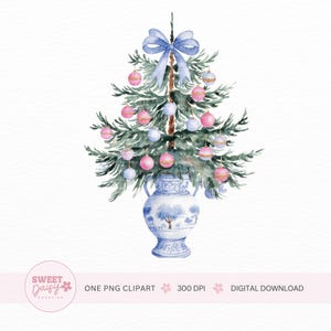 Grandmillennial Christmas Tree Clipart, Preppy Holiday Art, Chinoiserie Christmas Clipart, Blue Toile PNG, Sublimation Design