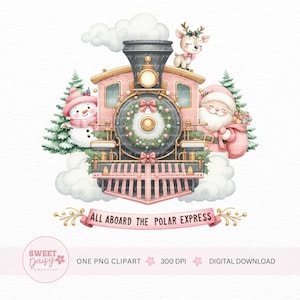 Polar Express Clipart, Christmas Train Clipart, Pink Train PNG, Watercolor Train Graphics, Sublimation Clipart, Santa Clipart, Christmas PNG