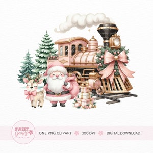 Polar Express Clipart, Christmas Train Clipart, Pink Train PNG, Watercolor Train Graphics, Sublimation Clipart, Santa Clipart, Christmas PNG