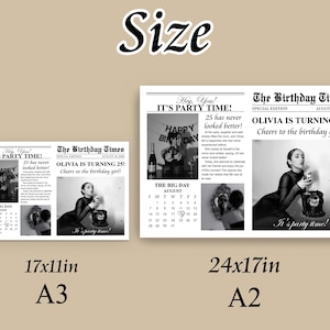K&ouml;nnte beinhalten: Schwarzwei&szlig;es druckbares Geburtstagszeitungsdesign mit einem Foto einer Frau, die ein Glas Champagner und eine Geburtstagstorte h&auml;lt. Die Schlagzeile der Zeitung lautet "The Birthday Times" und "Olivia wird 25!" mit dem Untertitel "Cheers to the birthday girl!" Das Design enth&auml;lt auch einen Kalender f&uuml;r August.
