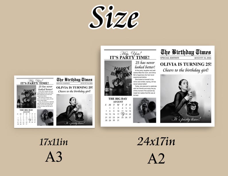 K&ouml;nnte beinhalten: Schwarzwei&szlig;es druckbares Geburtstagszeitungsdesign mit einem Foto einer Frau, die ein Glas Champagner und eine Geburtstagstorte h&auml;lt. Die Schlagzeile der Zeitung lautet "The Birthday Times" und "Olivia wird 25!" mit dem Untertitel "Cheers to the birthday girl!" Das Design enth&auml;lt auch einen Kalender f&uuml;r August.