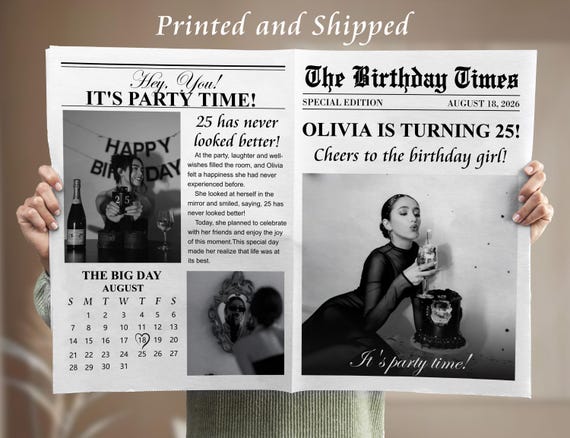 Custom Birthday Newspaper Printed and Shipped, Editable Newspaper Birthday Invitations, Baby Announcement Large Newspaper For Photography