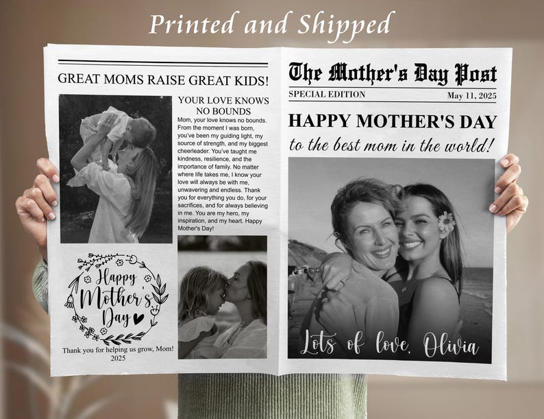 May include: A black and white newspaper-style card with a photo of two women hugging. The headline reads "Happy Mother's Day to the best mom in the world!" and the text below the photo says "Lots of love, Olivia".