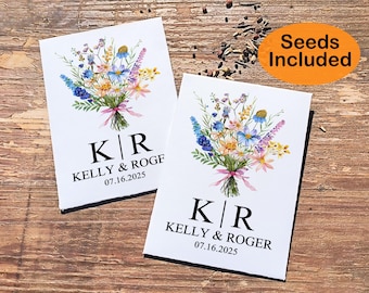May include: Two white cards with watercolor floral bouquets, the text "K|R Kelly & Roger 07.16.2025" and the words "Seeds Included" in a circle.