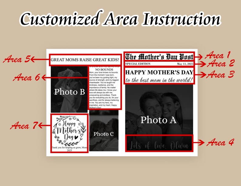 May include: A printable Mother's Day newspaper template with a black and white design. The template includes areas for photos, text, and a message. The headline reads "The Mother's Day Post" and "Happy Mother's Day to the best mom in the world!"