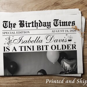 May include: A stack of newspapers with the headline "The Birthday Times" and the date August 24, 2026. The text reads "Isabella Davis IS A TINI BIT OLDER". The image below the text shows balloons.