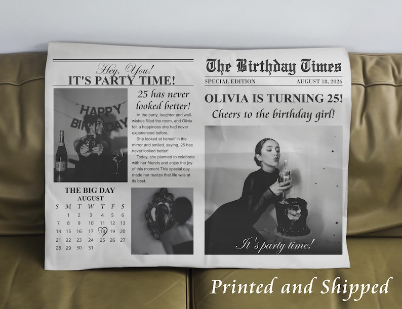 K&ouml;nnte beinhalten: Eine Geburtstagskarte im Zeitungs-Stil mit einem Schwarzwei&szlig;foto einer Person, die Kerzen auf einem Kuchen ausbl&auml;st. Die Schlagzeile lautet "Olivia wird 25!" und der Untertitel lautet "Gr&uuml;&szlig;e an das Geburtstagskind!" Die Karte enth&auml;lt auch einen Kalender f&uuml;r August mit dem 25. eingekreist.