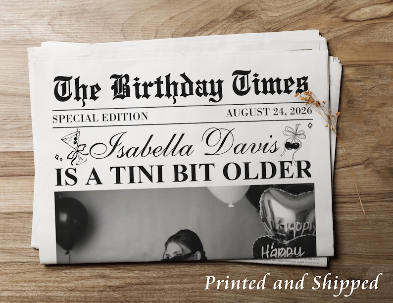 May include: A stack of newspapers with the headline "The Birthday Times" and the date August 24, 2026. The special edition newspaper is personalized for Isabella Davis, with the text "IS A TINI BIT OLDER".