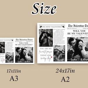 May include: Black and white printable Valentine's Day card with a newspaper design. The card features a couple's photo and the text "Will you be my Valentine?" in a bold font. The card is available in two sizes: 17x11 inches (A3) and 24x17 inches (A2).