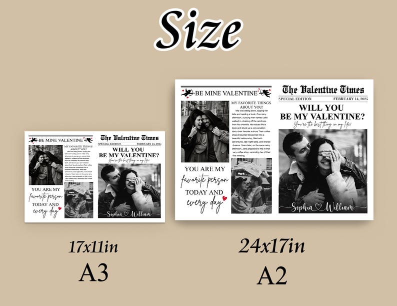 May include: Black and white printable Valentine's Day card with a newspaper design. The card features a couple's photo and the text "Will you be my Valentine?" in a bold font. The card is available in two sizes: 17x11 inches (A3) and 24x17 inches (A2).