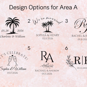 May include: Six different design options for a wedding invitation or save the date card. The designs include a palm tree, a couple's initials, a champagne toast, and a floral wreath. Each design includes the couple's names and wedding date.