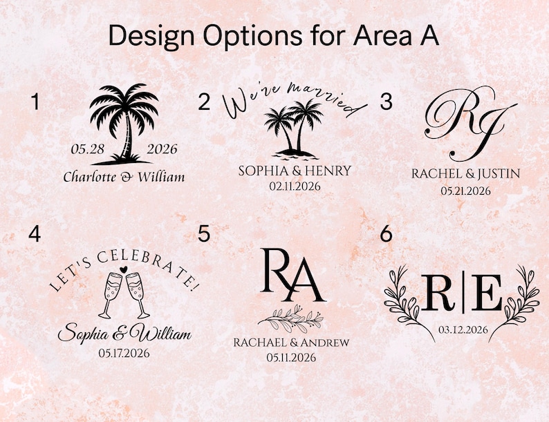 May include: Six different design options for a wedding invitation or save the date card. The designs include a palm tree, a couple's initials, a champagne toast, and a floral wreath. Each design includes the couple's names and wedding date.