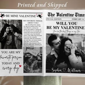 May include: A black and white newspaper-style Valentine's Day card with a photo of a couple. The headline reads "Will you be my Valentine?" and the text below says "You're the best thing in my life!" The couple's names are Sophia and William. The card also includes a message about a couple's love story.
