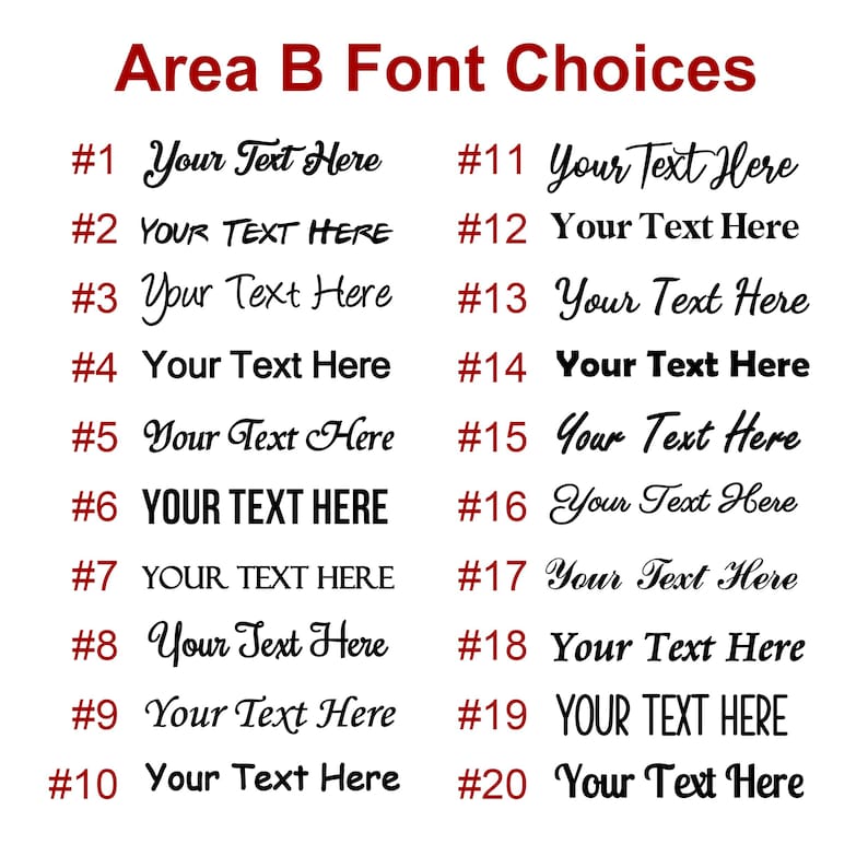 May include: A chart of 20 different font styles for text. Each font style is numbered and shows the text "Your Text Here" in the font style.