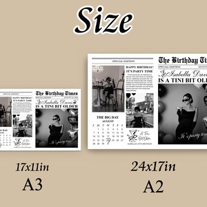 May include: Two black and white newspaper-style birthday prints. The larger print is 24x17 inches, and the smaller is 17x11 inches. Both feature a photo of a woman, text that reads "The Birthday Times," and the words "Isabella Davis is a tini bit older."