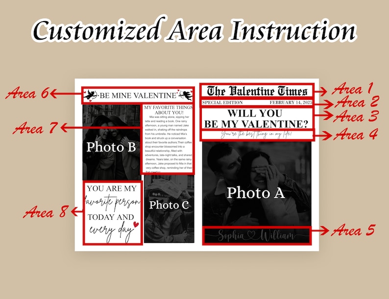 May include: A printable Valentine's Day newspaper template with a black and white photo of a couple in the center. The headline reads "Will You Be My Valentine?" with the text "You're the best thing in my life!" below. The template includes areas for adding photos and text.