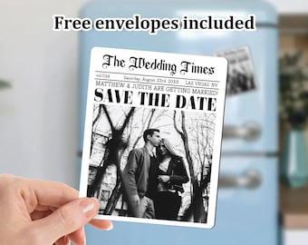 Newspaper Save the Date Fridge Magnet/Photo for Wedding Invitations/Save our Date Fridge Wedding Magnet/Personalized Save The Date Magnet