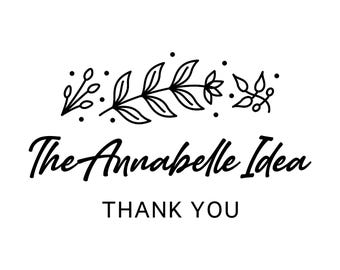 Könnte beinhalten: Schwarz-weißes Logo mit dem Text "The Annabelle Idea" in Schreibschrift, verziert mit einem floralen Element. Darunter steht "THANK YOU" in einer serifenlosen Schriftart.