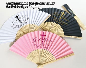 Custom Baptism Folding Fan/Baptism Gift Hand Fans/God Bless Fan/Bulk Personalized Favor for Guest/Baptism Christening Favor/Simple Cross Fan