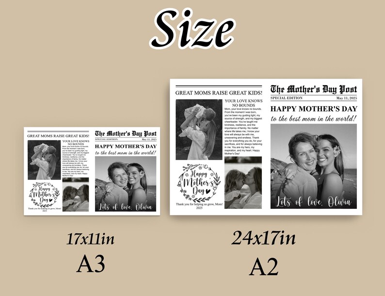 May include: Black and white printable Mother's Day newspaper design with a photo of two women. The newspaper headline reads "Happy Mother's Day to the best mom in the world!" and the text below the photo reads "Lots of love, Olivia". The design is available in two sizes: 17x11 inches (A3) and 24x17 inches (A2).